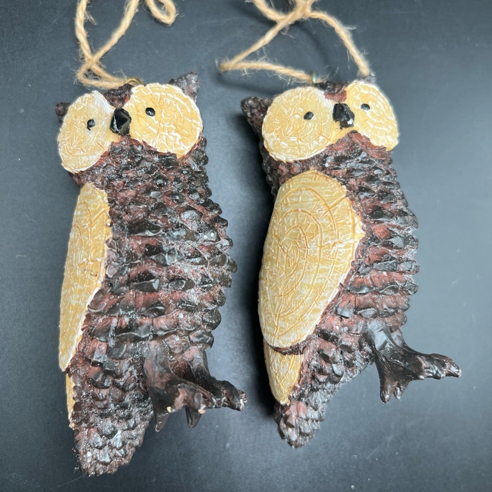 Glittery Owl Christmas Ornament Carved Rustic 4” Farmhouse